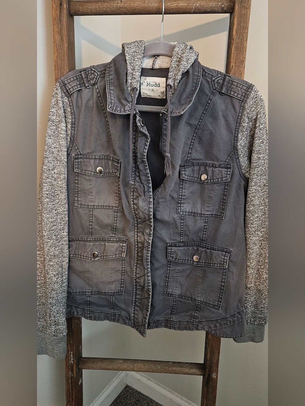 Mudd Gray Utility Jacket with Knit Hood & Sleeves
